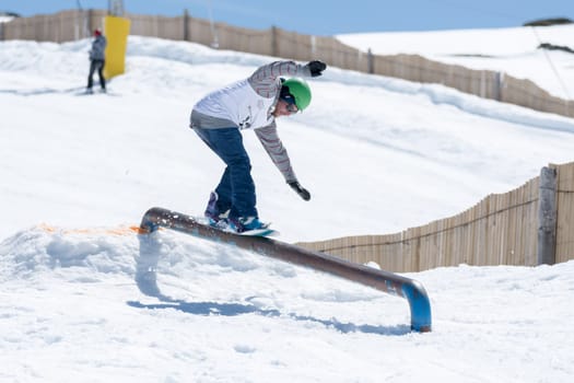COVILHA, PORTUGAL - APRIL 2, 2017:  Diogo Pombeiro during the National Snowboard  Championships at Serra da Estrela, Covilha, Portugal.