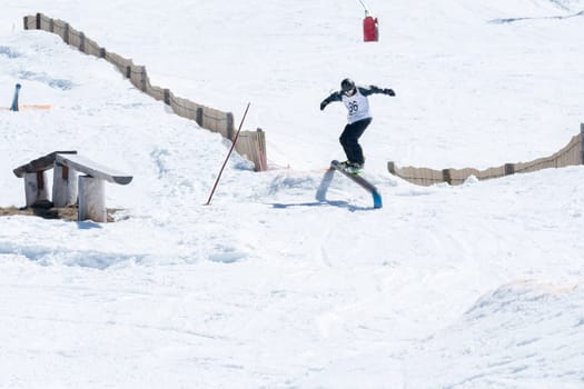 COVILHA, PORTUGAL - APRIL 2, 2017:  Pedro Sezulfe during the National Snowboard  Championships at Serra da Estrela, Covilha, Portugal.