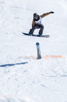 COVILHA, PORTUGAL - APRIL 2, 2017:  Ricardo Lopes during the National Snowboard  Championships at Serra da Estrela, Covilha, Portugal.