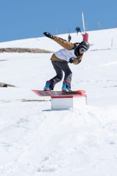 COVILHA, PORTUGAL - APRIL 2, 2017:  Ricardo Lopes during the National Snowboard  Championships at Serra da Estrela, Covilha, Portugal.