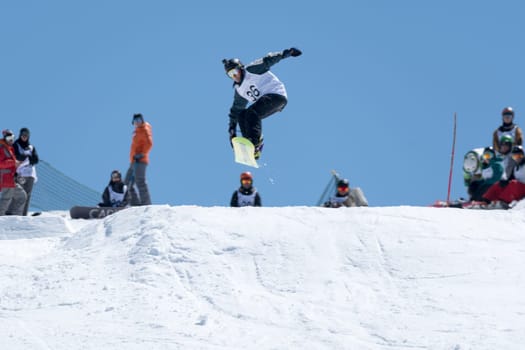 COVILHA, PORTUGAL - APRIL 2, 2017:  Pedro Sezulfe during the National Snowboard  Championships at Serra da Estrela, Covilha, Portugal.