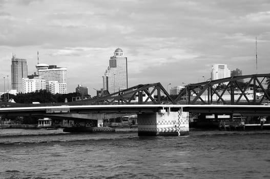 Bangkok cityscape river bridge downtown black white