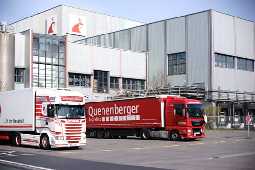 Mainz,Germany - March 24,2014: Trucks park in front of the entrance of the main plant of the shoe care manufacturer Erdal of the company Werner und Mertz on March 24,2017 in Mainz.