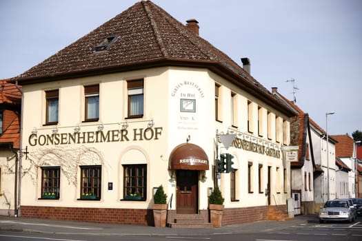 Mainz,Germany - March 22,2017: The corner entrance and exterior façade of the Gonsenheimer Hof restaurant on March 22,2017 in Mainz.
