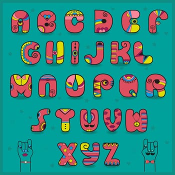 Candy Alphabet. Funny pink and yellow letters. Unusual artistic font. Cartoon hands looking at each other. Illustration