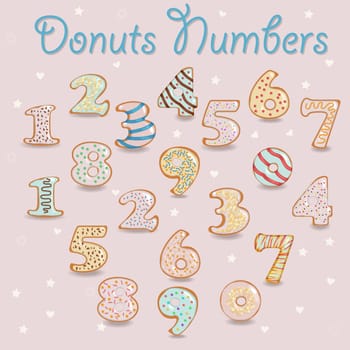 White Chocolate Donuts Numbers. Numerals with colorful cream and nuts decor. Illustration