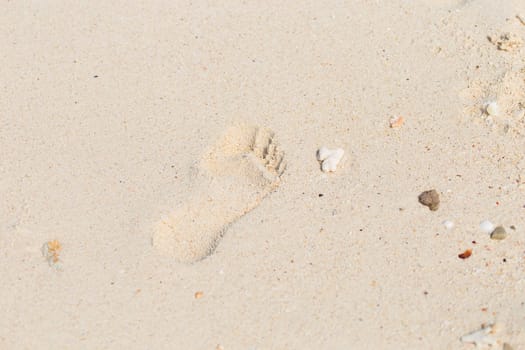Copy space of footprint on sand beach texture background. Summer vacation