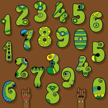 Set of Vintage Numerals. Green numbers with bright colorful decor. Superhero and Disco Style. Cartoon Hands. Illustration