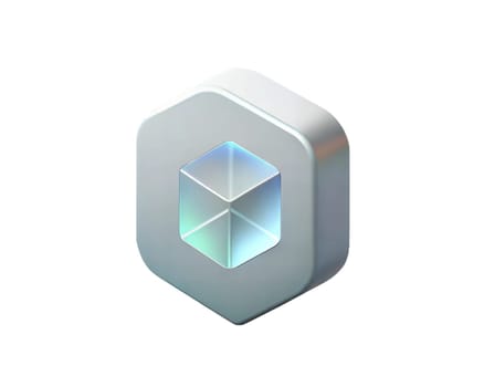 A futuristic holographic 3D icon of a data cube with smooth edges and a glowing, colorful center, isolated on white background, symbolizing innovation, technology, and digital data