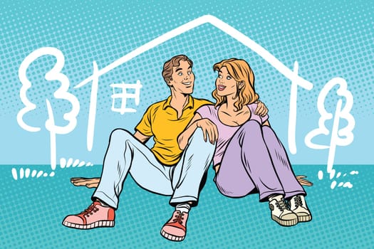 Young couple boy and girl dreams about the house. people sitting. Pop art retro comic book vector illustration. family husband and wife
