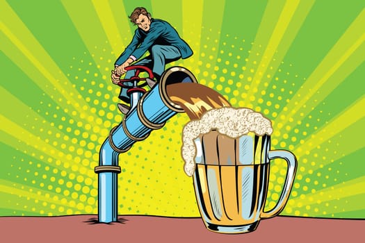 Man pours beer. Pop art retro comic book vector illustration. Oktoberfest pub