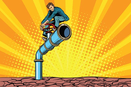 Water pipe during a drought, retro businessman on the tube. Pop art comic book vector illustration. Environment and global warming