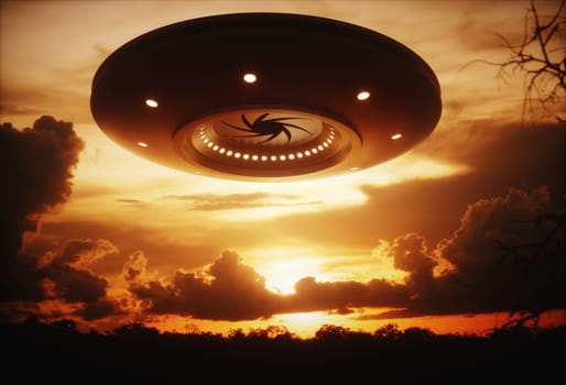 3D illustration with photography. Alien spaceship under the sunset.