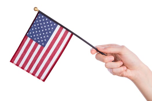 Hand holding american flag on white background