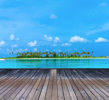 tropical beach in Maldives with few palm trees and blue lagoon