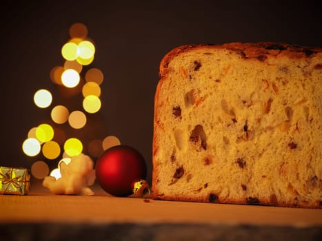 Half of a Panettone with a Christmas tree in background