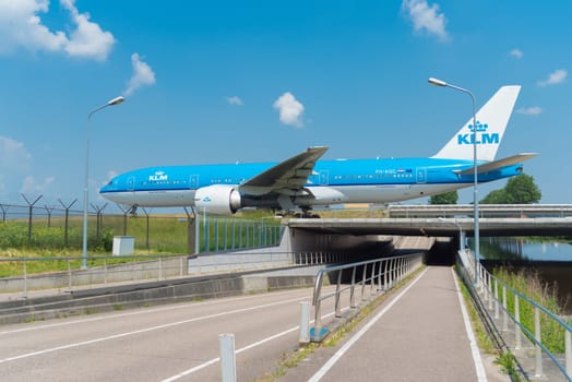 SCHIPHOL, NETHERLANDS - JUNE 4, 2016: Air France-KLM airplane taxiing to the runway on amsterdam schiphol airport