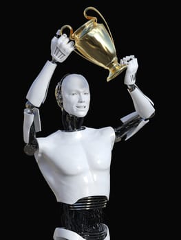3D rendering of male robot holding a golden prize trophy award above his head. Black background.