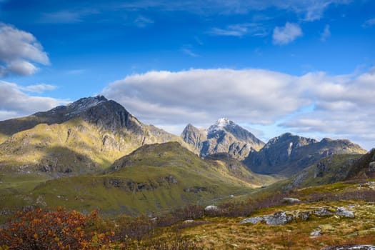 Beautiful mountain and blue sky at holandsmelen, lofoten, Norway