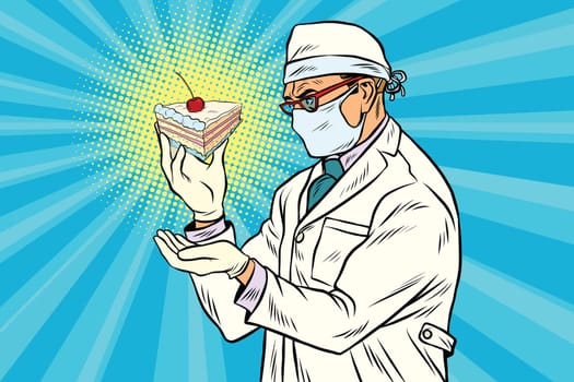 Laboratory scientist analyzes a piece of cake. Pop art retro comic book vector illustration. Health food and calories