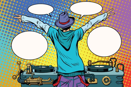 DJ party vinyl panel, view from behind. Pop art retro comic book vector illustration. Music and club