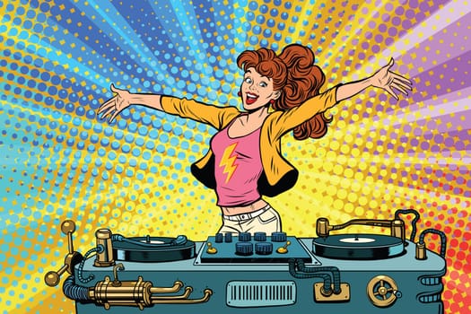 girl DJ club party youth lifestyle. Pop art retro comic book vector illustration. Music and concert