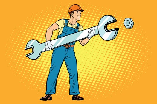 Working to tighten the screws. Pop art retro comic book vector illustration