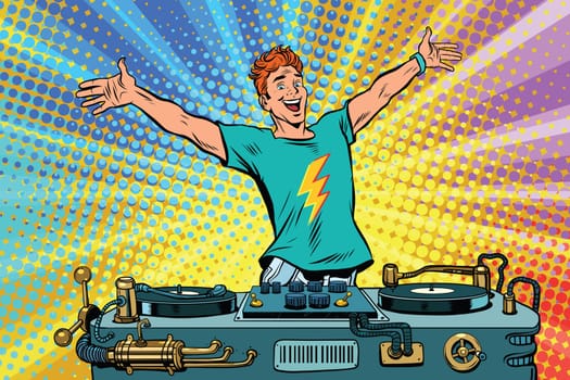 DJ on a club party. Pop art retro comic book vector illustration. Music and concert