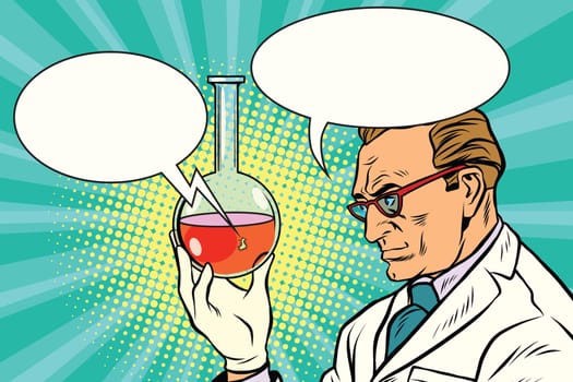 Scientist chemist talks about the analysis. Pop art retro comic book vector illustration