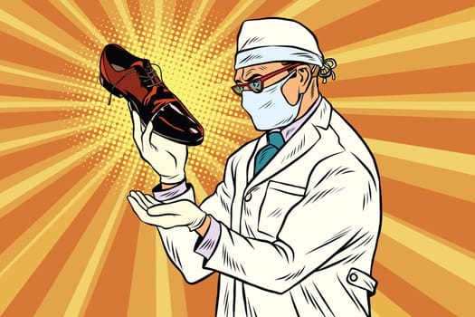 Scientist chemist explores shoes. Pop art retro comic book vector illustration
