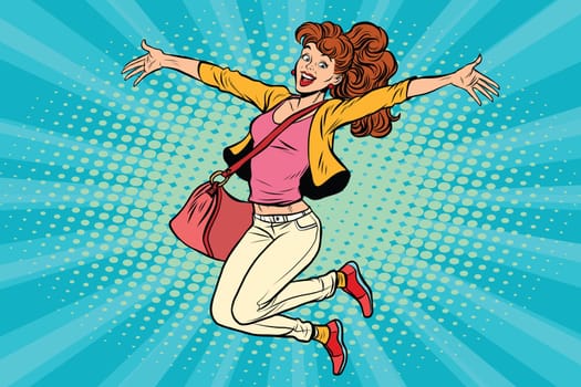 young woman jumping, lifestyle. Pop art retro comic book vector illustration