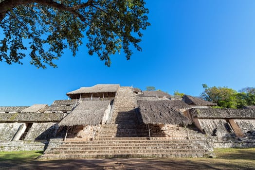 Pyramid, know as the throne, in the ruins of Ek Balam near Valladolid, Mexico