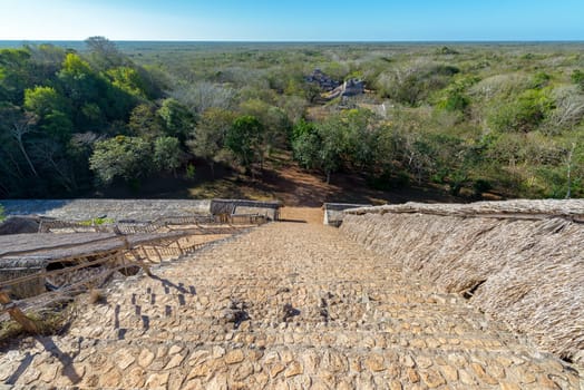 View of Ek Balam from the top of the pyramid with the jungle sprawling out below near Valladolid, Mexico