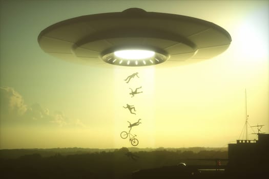 3D illustration. Concept of alien abduction. People levitating into the alien ship.