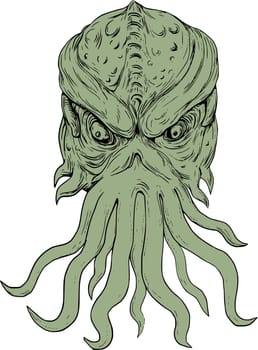 Drawing sketch style illustration of a head of a subterranean mythical sea monster with octopus-like head whose face has tentacles or feeler viewed from front set on isolated white background.