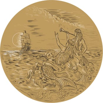 Drawing sketch style illustration of two sirens on an island waving calling a tall ship set inside circle with full moon in the background.