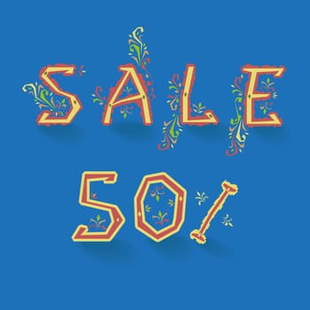 Inscription Sale. Fifty percents. Artistic font. Delicate letters with floral pattern. Illustration