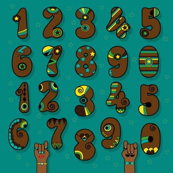Set of Vintage Numerals. Brown symbols with bright colorful decor. Superhero and Disco Style. Cartoon Hands. Illustration