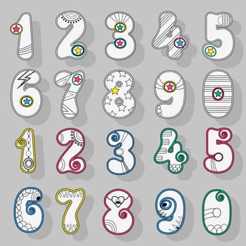 Set of artistic Numerals. White signs with bright colorful decor. Superhero and Disco Style. Illustration