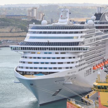 Valletta, Malta - February 26, 2017: Front view MSC Splendida luxury cruise ship moored in port of Valletta