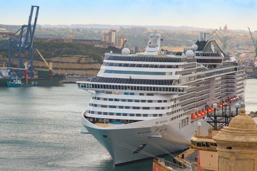Valletta, Malta - March 1, 2017: Front view of MSC Splendida luxury cruise ship moored in Maltese port Valletta