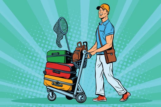 Male passenger traveler with Luggage on the trolley. Pop art retro vector illustration