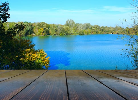 wooden boards with beautiful landscape of forest and lake