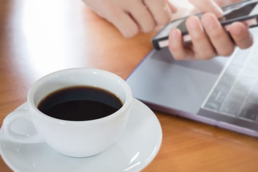 Hot Cup Of Coffee On Working Table, stock photo
