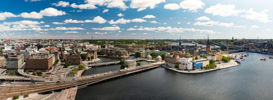 Panoramic view of Stockholm city. Port in foreground and old town in background. Sweden, Scandinavia, Europe