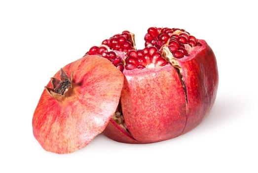 Broken Bright Ripe Juicy Pomegranate With Lid Near Isolated On White Background