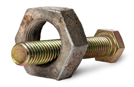 Bolt and big old nut isolated on white background
