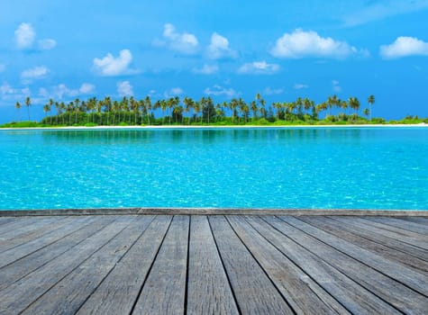 tropical beach in Maldives with few palm trees and blue lagoon