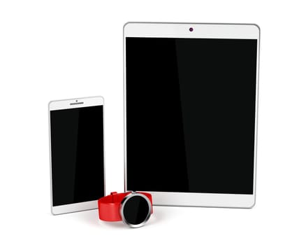 Tablet computer, smartphone and smartwatch on white background