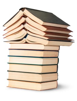 Stack of open and closed old books rotated isolated on white background